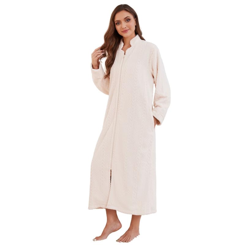 Image of LYCY Women Plush Zipper Robe, Long Fleece House Coat Nightgown with Pockets Solid Bathrobe