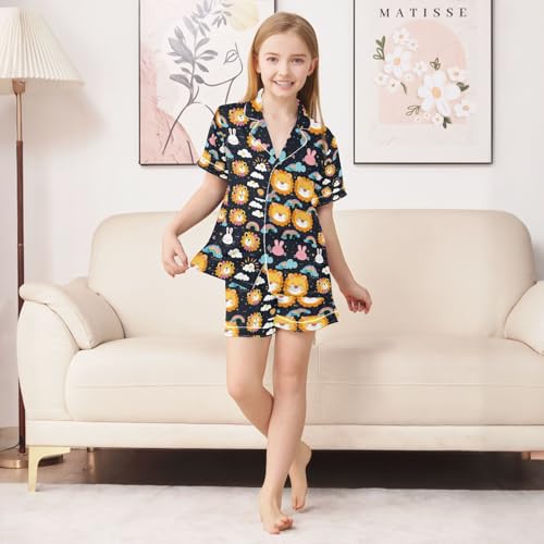 senya Rainbow Rabit Lion Satin Summer Pajama Sets Silk Short Sleeve Button Down Sleepwear4