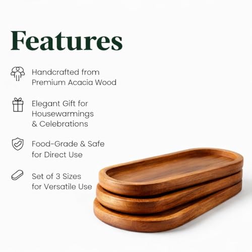 Image of Premium Luxury 100% Natural Acacia Wood Serving Tray Set of 3, Wooden Oval Snack Tray for Kitchen, Coffee, Fruits & Decor, Durable Food-Safe Serving Platter, Natural Finish