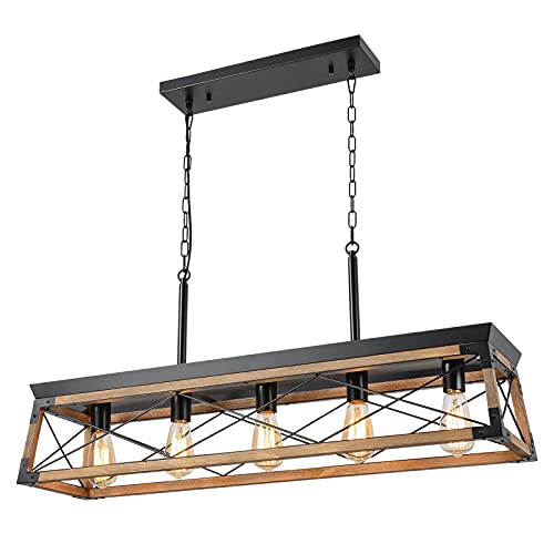 60% Off Discount Bribyit Rustic Farmhouse Chandelier, Wood Dining Room Light Fixture , 5 Lights Rectangle Chandelier, Kitchen Island Hanging Light for Dining Living Room, Pool Table, Bar
