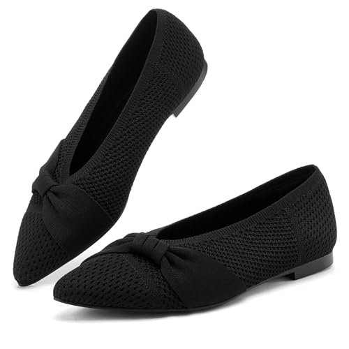 Fashion Women Flats Lightweight Pointed Toe Ballet Flats with Bow Comfortable Knit Dressy Flats Casual for Work Office