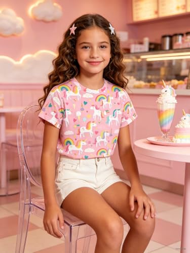Image of ENLACHIC Girls Teens Pink Flamingo Printed Summer Short Sleeve T-Shirts Cute 3-16 Years