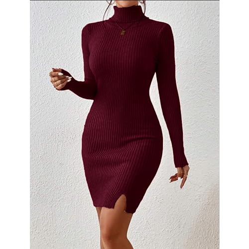 Image of GLARE & BLAIR Solid Turtle Neck Regular Fit Casual Ribbed Knit Long Sleeve Bodycon Dress for Women