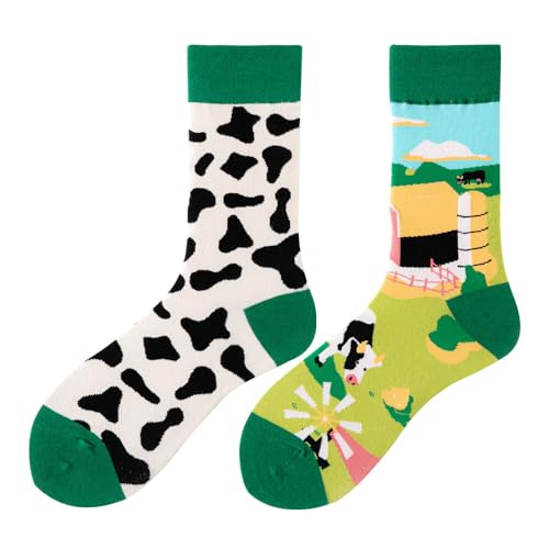 NxnChc Calze Divertenti Unisex Per Donne E Uomini, Con Molti Motivi Mucca Animali, Cibo, Frutta, Sport, Arte, In Cotone, Regalo, Motivi Asimmetrici Destro E Sinistro