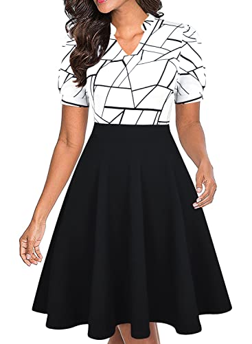 Image of Mokayee Womens Summer Short Puff Sleeve Casual Semi-Formal Fit and Flare Church Wedding Guest Work Dresses with Pockets