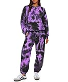 TIYOMI Plus Size 2 Piece Outfits Long Sleeved 2X Round Neck Tie Dye Lounge Workout Biker Travel Loungewear Sets Pajamas Tracksuit Autumn Winter Pj Purple 2XL