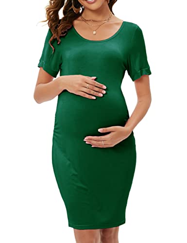 Robe maternité moulante froncée manches courtes col rond grossesse verte XL