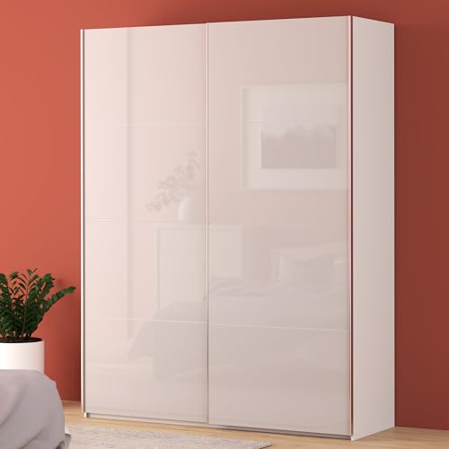 Forte FITTIO Kleiderschrank 180, moderner Schwebetürenschrank, 2-türig, Kleiderstange, Einlegeböden, Schlafzimmer, Holzwerkstoff, Weiß Hochglanz, 180,1 cm breit x 235 cm hoch x 61,2 cm tief