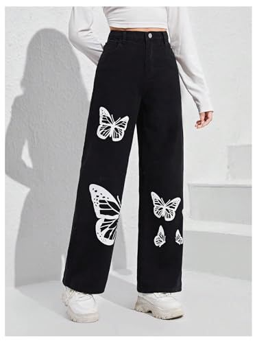 SweatyRocks Girl's High Waisted Solid Straight Leg Jeans Casual Loose Denim Pants3