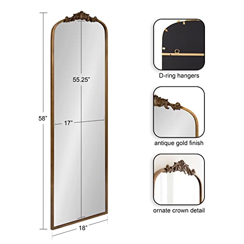 Image of Kate and Laurel Arendahl Glam Arched Vintage Full Length Mirror; 18 x 58; Gold; Traditional Baroque Full Body Wall Mirror with Ornate Garland Inspired Crown