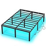 Full Size Bed Frame with LED Lights 14 Inch Platform Bed Frame Full with Charging Station Black Metal Mattress Foundation no Box Spring Needed Led Bed with Large Storage Space,Anti-Noise(Full)