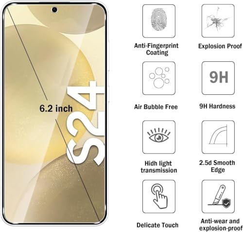 Image of Uyiton Tempered Glass Screen Protector Compatible with Samsung Galaxy S24 | Pack of 2 | 9H Hardness | HD Clear | Fingerprint Unlock Compatible | Bubble-Free Installation | Case Friendly