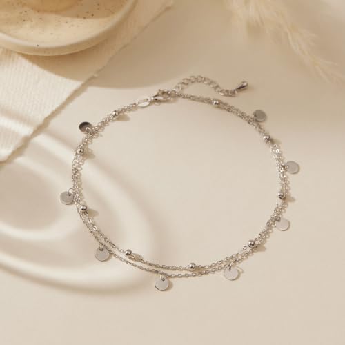Image of CHIC & ARTSY 925 Sterling Silver Ankle Bracelets for Women, Dainty Adjustable Layered Foot Chains with Symbolic Charms, Boho Beach Everyday Lightweight Jewelry