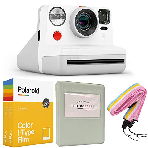 Polaroid Now i-Type Instant Camera - White + Polaroid Color Film for i-Type - Double Pack + Grey Album + Colorful Neck Strap