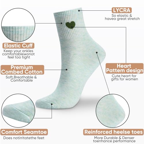 Image of Corlap Women's Cotton Crew Socks - Ankle High Fun Cute Heart Casual Dress Athletic Socks - 5Pairs Gifts for Mother /Her