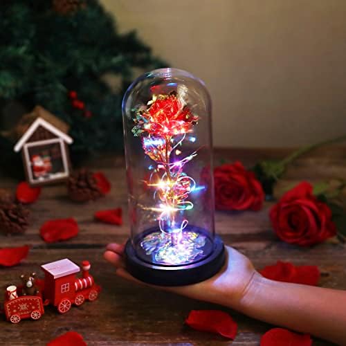 JUSTOYOU Rose Gifts for Women,Mothers,Wife Gifts,Colorful Artificial Rose Flower Gifts for Women,Forever in Glass Dome,Rainbow Rose Flower for Birthday,Christmas Mothers Day Decorations(Red)