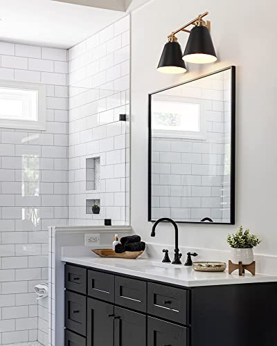 Image of 16-Inch 2-Light Black and Gold Farmhouse Bathroom Vanity Light | Metal shades, white interiors, 2 E26 sockets (60W max, no bulbs), dimmable, ETL listed, hardware, for mirror & bedroom