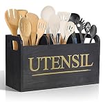 brekle Black Wooden Kitchen Utensil Holder with 3 Compartment Larger Utensil Holder for Kitchen Counter Removable Cover for Efficient Utensil Organizer and Cooking Tools Storage, KUH_05