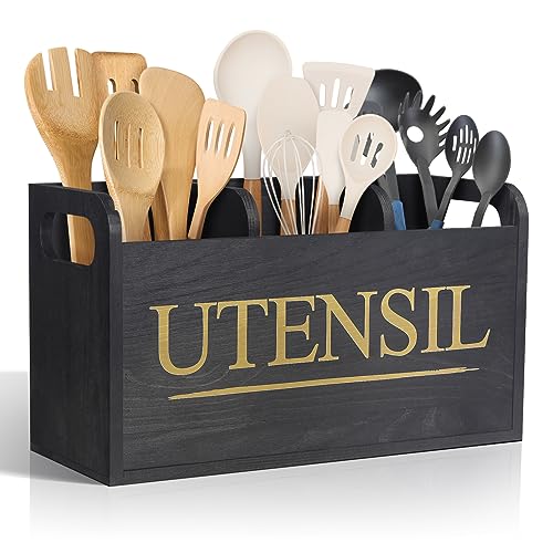 Black Wooden Kitchen Utensil Holder with 3 Compartment Larger Utensil Holder for Kitchen Counter Removable Cover for Efficient Utensil Organizer and Cooking Tools Storage, KUH_05