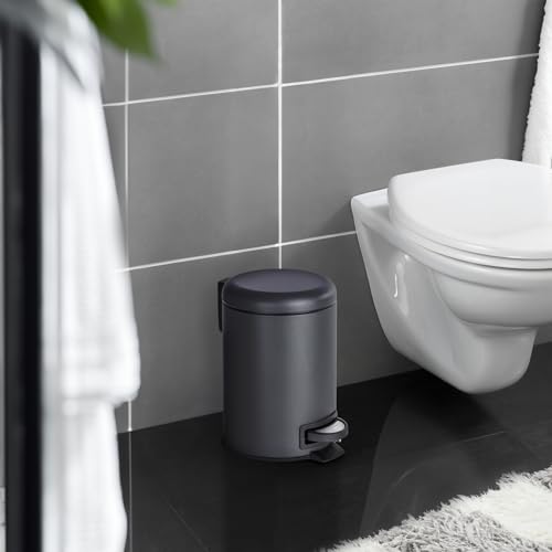 WENKO Treteimer Mod. Leman 3 Liter mit herausnehmbarem Einsatz aus lackiertem Stahl ideal für Badezimmer oder Küche 17 x 25 x 22,5 cm Schwarz matt