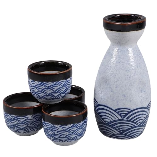 ASAKKURA 日式陶磁器清酒 点 瀬戸焼風 海波模様 酒器 燗冷両用 蓋なし熱保持徳利 伝統的な和風デザイン 家用茶会用