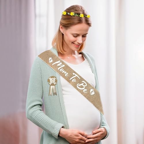 Image of 3PCS Mom to Be Sash Mom to Be Pin, Neutral Burlap Maternity Sash Corsage Pin and Flower Crown Headband, Boho Style Mommy to Be Sash for Baby Shower Sash Pin Set for Pregnant Keepsake Gifts