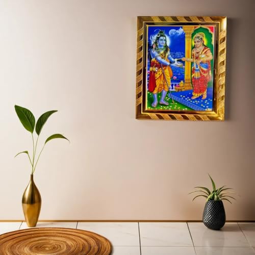 Image of Rhaa Lord Shiva with Mata Annapurna Sacred Acrylic Rectangulartabletop, wall mount Photo Frame | Blessed from Kashi Temples | Ideal Spiritual Gift for Home, Kitchen & Ann Bhandar | Golden, (20x16)CM