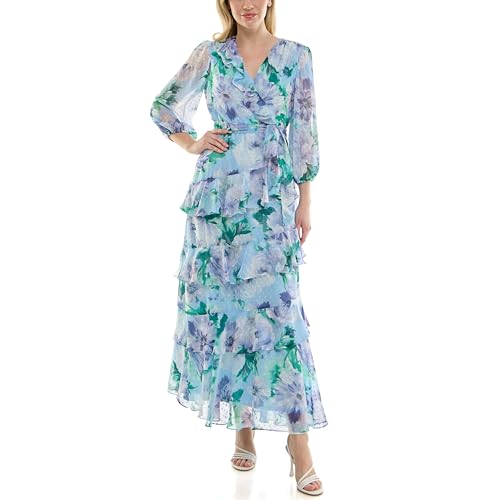 Image of Maison Tara Women's Sheer Long Sleeve V-Neck Floral Tiered Ruffle Wrap Maxi