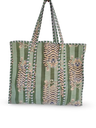 Image of Cotton Tiger Block Print Tote Bag, Indian Handmade Shopping Shoulder Bag, Unisex Market Daily Use
