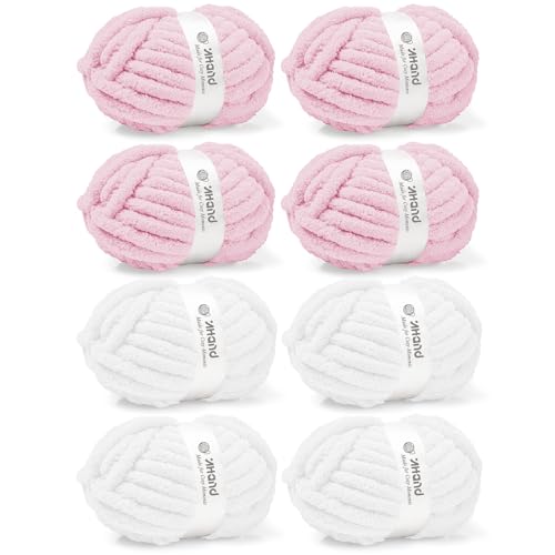 Image of Inhand Chunky Chenille Yarn for Hand Knitting, Thick Bulky Blanket Yarn for Crocheting, Soft Fluffy Yarn for Crochet Gifts & Crafts for Women /Beginners, 8 Pack (29.5 yds /8.4 oz Each), Pink & White