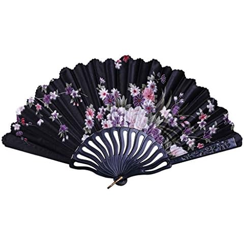 Lazzboy Hand Folding Silk Fan Plastic Flower Floral Costume Dance Party Wedding Chinese/Japanese Fans Decorations(Black,23cm) Cover