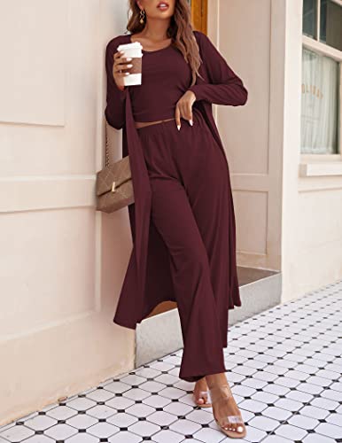 Image of Ekouaer Women's 3 Piece Lounge Set Pajama Long Sleeve Cardigan Sleeveless Top Pants Sweatsuit S-XXL