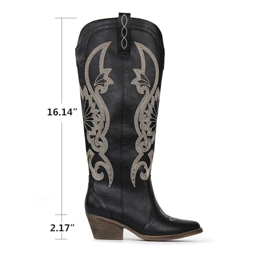 Image of Hawkwell Women's Cowboy Cowgirl Boots Slip On Pointed Toe and Block Heel Shoes with Classic Embroidered Pull On Tall Boot for Ladies Dress Western Knee High Boots