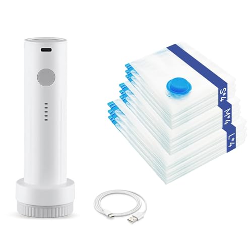 FEELSO 12 Pack Vacuum Seal Bags with Rechargeable Air Pump for Travel, Vacuum Storage Bags for Clothing, Space Saver Vacuum Storage Bags White