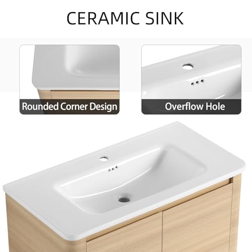 Image of 36 inch Bathroom Vanity with Ceramic Sink, Freestanding Bathroom Vanity with 2-Soft-Close Door, Soft-Closing Hinges & Hidden Handles for Home, Farmhouse, Easy to Clean Design, White Oak