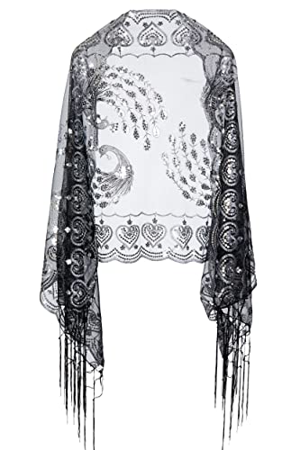 Image of BABEYOND 1920s Sequined Shawl Wraps for Women Fringed Evening Cape Wedding Bridal Shawl Scarf for Evening Dresses Party