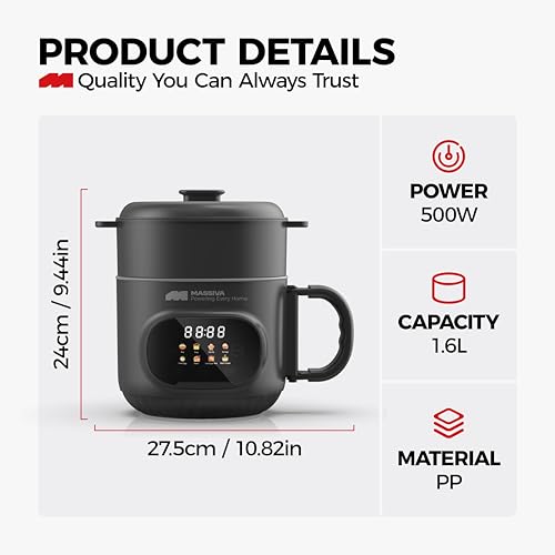 Image of MASSIVA 8-in-1 Multi Purpose Electric Kettle with Steamer: Smart LED Presets Electric Pot, 1.6L Ceramic Non-Stick Inner Pot, 600W Boil /Steam /Fry All-in-One For Kids Travel and Kitchen (black)