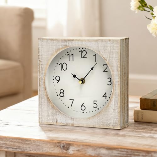 JUMBO DECOR Vintage Table Clock, Square Wooden Farmhouse Table Clock