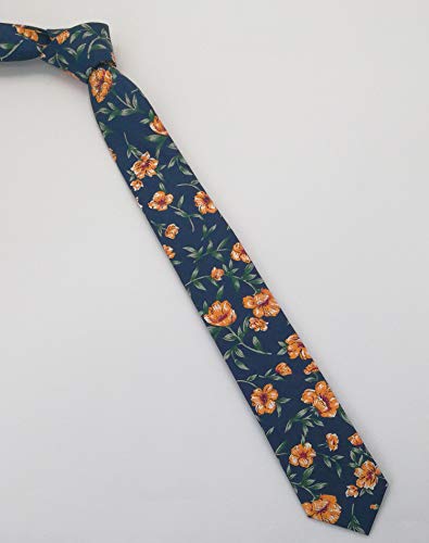 Image of Men's Skinny Tie Floral Cotton Necktie and Tie Bar Clip Sets, Great for Weddings,Groom,Groomsmen