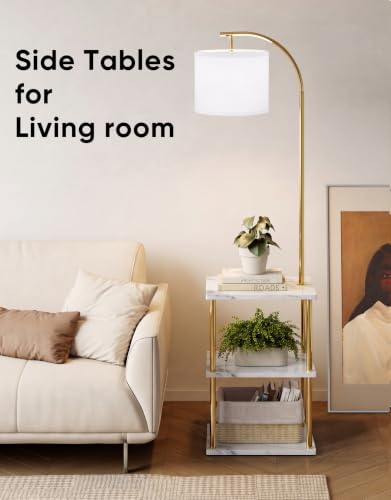 Image of PARTPHONER Floor Lamp with Table, Night Stand with Lamp, Narrow Side Table with 3CCT LED Bulb, Small Coffee Table, Modern End Table with Storage Shelves for Living Room, Marble White and Gold Poles