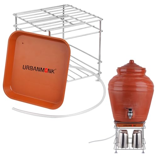 Image of URBANMONK Flate Surface Matka Stand for Water Pot with Pipe Fitted Drain Water Try | Steel Matka Stand for Kitchen | Water Pot Stand for Kitchen | 8 X 8 X 7.5 Inch, (Pot & Glass NOT include)