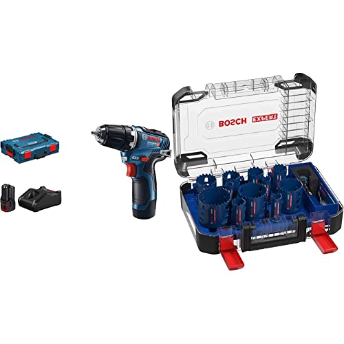 Bosch Professional GSR 12V-35 (2x 3,0 Ah Akku, 12 Volt, max. Drehmoment hart/weich: 35/20 Nm, in L-BOXX) + 14 tlg. Expert Tough Material Lochsäge Set (für Holz mit Metall, Ø 20-76 mm, Zubehör)