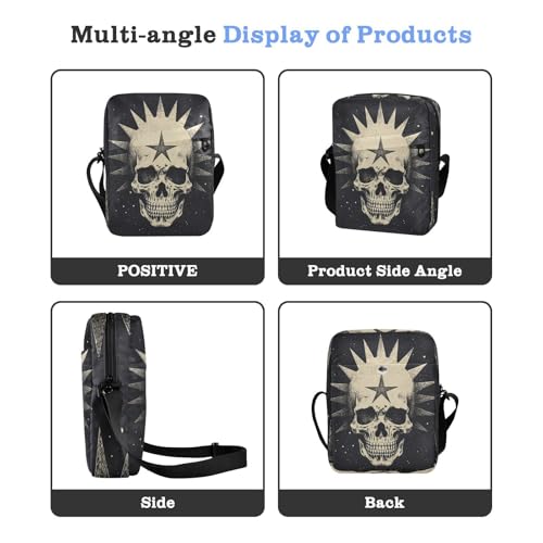 Skull with Star Sling Bag Zipper Closure Crossbody Messenger Bag with Card Phone Passport Compartment 6.6×9.4×2.5 inches4