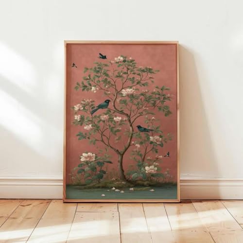 Tableau oiseau vintage toile botanique 60x90cm affiche fleurs roses