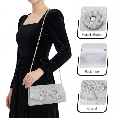Image of Bow Rhinestone Evening Clutch Purses for Women Weddings Party Prom Diamond Glitter Sparkly Handbag with Detachable Chain