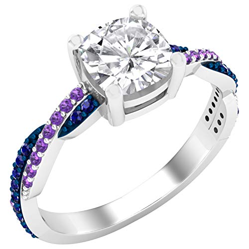 Dazzlingrock Collection 6 mm Cushion Lab Created White Sapphire & Natural Round Blue Sapphire & Amethyst Ladies Swirl Engagement Ring, Sterling Silver, Size 4