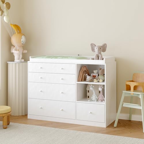 DEZAGCE Baby Changing Unit Baby Changing Table with Spacious Tabletop Chest of Drawers Dresser with 5 Drawers and 2 Open Shelves for Bedroom Nursery White