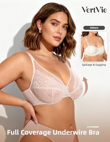Image of Vertvie Minimizer Bra for Women Underwire Full Coverage | Supportive for Heavy Breasts, Unlined Soft Lace, Lightweight, Comfortable, Adjustable, Flattering for Plus Size Everyday Wear