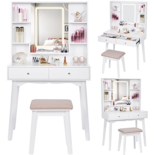 ANWBROAD Juego de Mesa de tocador de Maquillaje con Espejo Iluminado LED, 3 Colores de iluminación, Ajustables, 5 estantes de Almacenamiento, Taburete Acolchado, 2 cajones Grandes Blanco UBDT14W