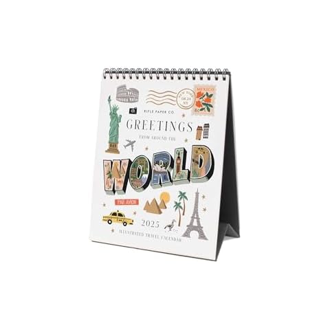 RIFLE PAPER CO. 2025 Desk Calendar | January 2025 - December 2025, Includes 12 Illustrations, Remember Birthdays, Anniversaries, and Annual Celebrations (6"W × 7.5"L), Greetings from Around the World Cover